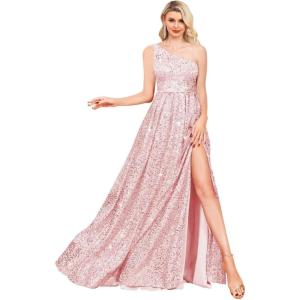 imageOne Shoulder Sequin Prom Dresses for Women Aline Plus Size Ball Gown Sparkly Formal Evening GownsPink