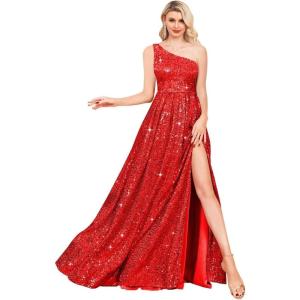 imageOne Shoulder Sequin Prom Dresses for Women Aline Plus Size Ball Gown Sparkly Formal Evening GownsRed