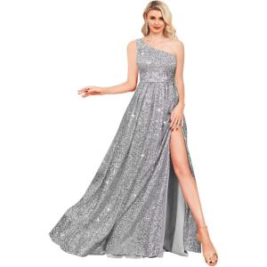 imageOne Shoulder Sequin Prom Dresses for Women Aline Plus Size Ball Gown Sparkly Formal Evening GownsSilver