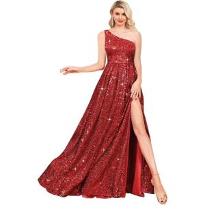 imageOne Shoulder Sequin Prom Dresses for Women Aline Plus Size Ball Gown Sparkly Formal Evening GownsWine Red