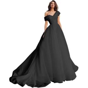 imageOne Shoulder Tulle Prom Dresses Long Quinceanera Dress Ball Gown Organza Puffy Wedding Dresses for BrideBlack