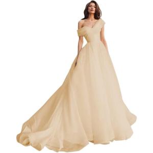 imageOne Shoulder Tulle Prom Dresses Long Quinceanera Dress Ball Gown Organza Puffy Wedding Dresses for BrideChampagne