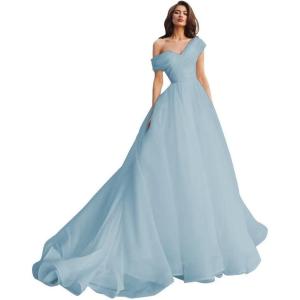 imageOne Shoulder Tulle Prom Dresses Long Quinceanera Dress Ball Gown Organza Puffy Wedding Dresses for BrideDusty Blue