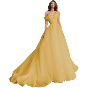 imageOne Shoulder Tulle Prom Dresses Long Quinceanera Dress Ball Gown Organza Puffy Wedding Dresses for BrideGold