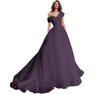 imageOne Shoulder Tulle Prom Dresses Long Quinceanera Dress Ball Gown Organza Puffy Wedding Dresses for BrideGrape