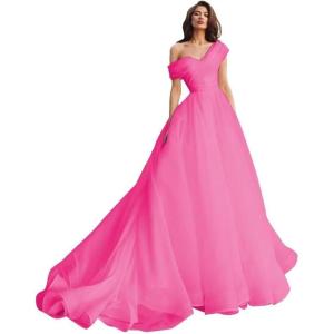 imageOne Shoulder Tulle Prom Dresses Long Quinceanera Dress Ball Gown Organza Puffy Wedding Dresses for BrideHot Pink