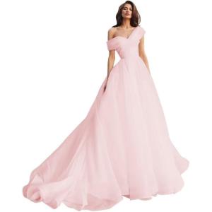 imageOne Shoulder Tulle Prom Dresses Long Quinceanera Dress Ball Gown Organza Puffy Wedding Dresses for BridePink