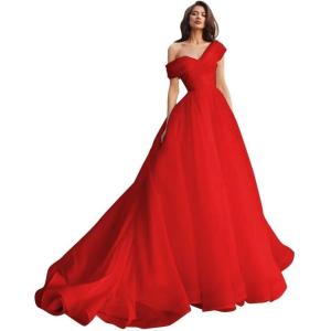 imageOne Shoulder Tulle Prom Dresses Long Quinceanera Dress Ball Gown Organza Puffy Wedding Dresses for BrideRed