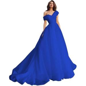 imageOne Shoulder Tulle Prom Dresses Long Quinceanera Dress Ball Gown Organza Puffy Wedding Dresses for BrideRoyal Blue