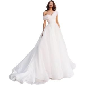 imageOne Shoulder Tulle Prom Dresses Long Quinceanera Dress Ball Gown Organza Puffy Wedding Dresses for BrideWhite