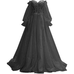 imagePuffy Sleeve Tulle Prom Dresses Off The Shoulder Ball Gown Sweetheart A Line Formal Evening GownsBlack