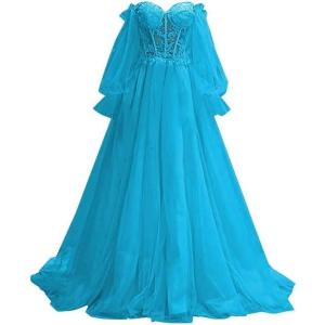 imagePuffy Sleeve Tulle Prom Dresses Off The Shoulder Ball Gown Sweetheart A Line Formal Evening GownsBlue