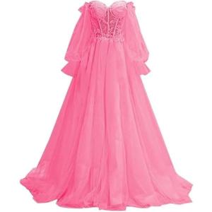 imagePuffy Sleeve Tulle Prom Dresses Off The Shoulder Ball Gown Sweetheart A Line Formal Evening GownsBlush