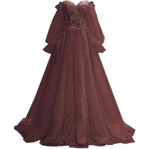 imagePuffy Sleeve Tulle Prom Dresses Off The Shoulder Ball Gown Sweetheart A Line Formal Evening GownsBurgundy