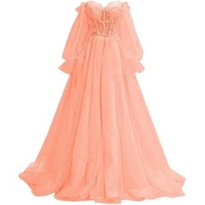 imagePuffy Sleeve Tulle Prom Dresses Off The Shoulder Ball Gown Sweetheart A Line Formal Evening GownsCoral