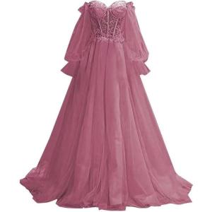 imagePuffy Sleeve Tulle Prom Dresses Off The Shoulder Ball Gown Sweetheart A Line Formal Evening GownsDesert Rose