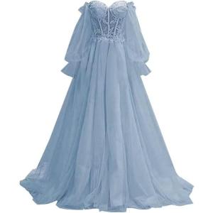 imagePuffy Sleeve Tulle Prom Dresses Off The Shoulder Ball Gown Sweetheart A Line Formal Evening GownsDusty Blue