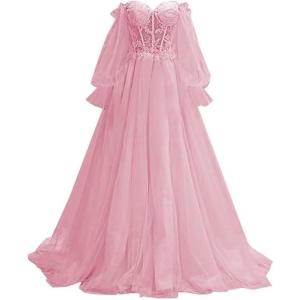 imagePuffy Sleeve Tulle Prom Dresses Off The Shoulder Ball Gown Sweetheart A Line Formal Evening GownsDusty Pink