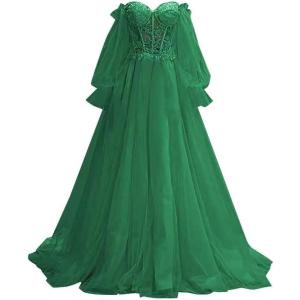 imagePuffy Sleeve Tulle Prom Dresses Off The Shoulder Ball Gown Sweetheart A Line Formal Evening GownsEmerald Green