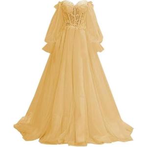 imagePuffy Sleeve Tulle Prom Dresses Off The Shoulder Ball Gown Sweetheart A Line Formal Evening GownsGold