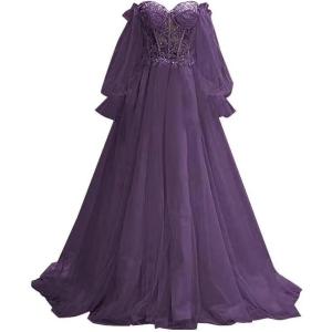 imagePuffy Sleeve Tulle Prom Dresses Off The Shoulder Ball Gown Sweetheart A Line Formal Evening GownsGrape