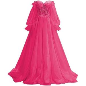 imagePuffy Sleeve Tulle Prom Dresses Off The Shoulder Ball Gown Sweetheart A Line Formal Evening GownsHot Pink