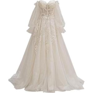 imagePuffy Sleeve Tulle Prom Dresses Off The Shoulder Ball Gown Sweetheart A Line Formal Evening GownsIvory
