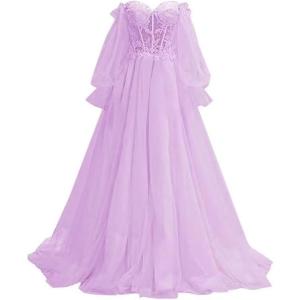 imagePuffy Sleeve Tulle Prom Dresses Off The Shoulder Ball Gown Sweetheart A Line Formal Evening GownsLilac