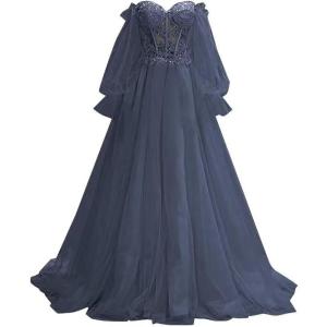 imagePuffy Sleeve Tulle Prom Dresses Off The Shoulder Ball Gown Sweetheart A Line Formal Evening GownsNavy Blue