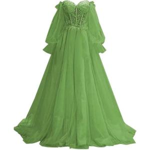imagePuffy Sleeve Tulle Prom Dresses Off The Shoulder Ball Gown Sweetheart A Line Formal Evening GownsOlive