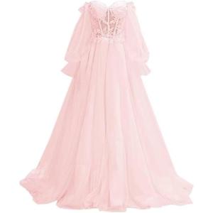 imagePuffy Sleeve Tulle Prom Dresses Off The Shoulder Ball Gown Sweetheart A Line Formal Evening GownsPink