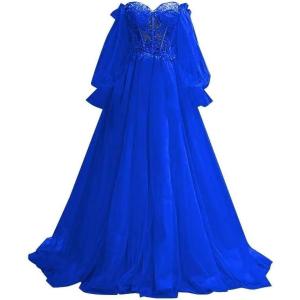 imagePuffy Sleeve Tulle Prom Dresses Off The Shoulder Ball Gown Sweetheart A Line Formal Evening GownsRoyal Blue