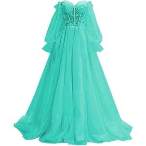 imagePuffy Sleeve Tulle Prom Dresses Off The Shoulder Ball Gown Sweetheart A Line Formal Evening GownsTurquoise