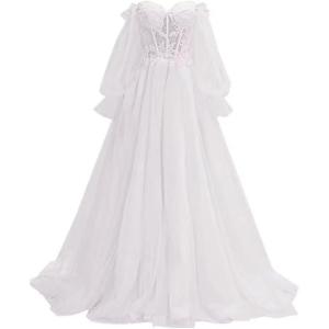 imagePuffy Sleeve Tulle Prom Dresses Off The Shoulder Ball Gown Sweetheart A Line Formal Evening GownsWhite