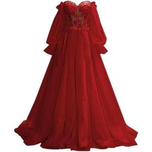 imagePuffy Sleeve Tulle Prom Dresses Off The Shoulder Ball Gown Sweetheart A Line Formal Evening GownsWine Red