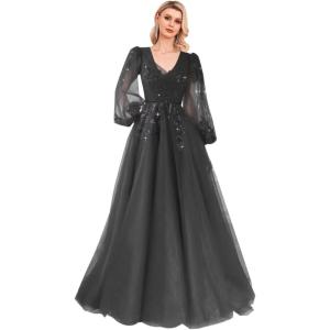 imageSequin Applique Long Sleeve Prom Dress Sparkly Tulle Ball Gown A Line V Neck Formal Evening GownsBlack