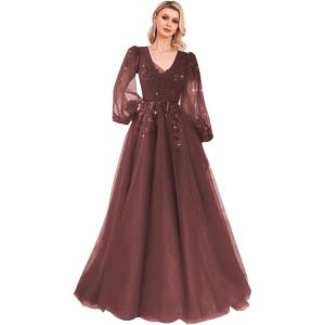 imageSequin Applique Long Sleeve Prom Dress Sparkly Tulle Ball Gown A Line V Neck Formal Evening GownsBurgundy
