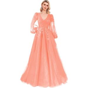 imageSequin Applique Long Sleeve Prom Dress Sparkly Tulle Ball Gown A Line V Neck Formal Evening GownsCoral