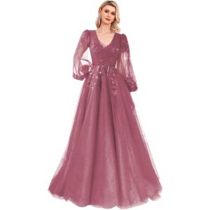 imageSequin Applique Long Sleeve Prom Dress Sparkly Tulle Ball Gown A Line V Neck Formal Evening GownsDesert Rose