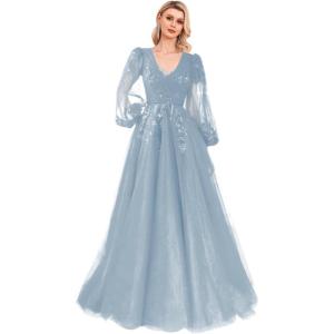 imageSequin Applique Long Sleeve Prom Dress Sparkly Tulle Ball Gown A Line V Neck Formal Evening GownsDusty Blue