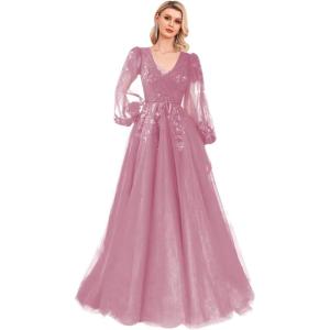 imageSequin Applique Long Sleeve Prom Dress Sparkly Tulle Ball Gown A Line V Neck Formal Evening GownsDusty Pink