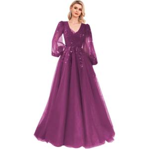imageSequin Applique Long Sleeve Prom Dress Sparkly Tulle Ball Gown A Line V Neck Formal Evening GownsFuchsia