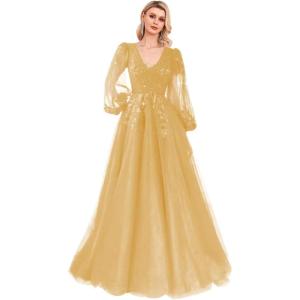 imageSequin Applique Long Sleeve Prom Dress Sparkly Tulle Ball Gown A Line V Neck Formal Evening GownsGold