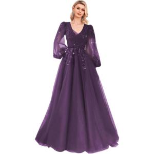 imageSequin Applique Long Sleeve Prom Dress Sparkly Tulle Ball Gown A Line V Neck Formal Evening GownsGrape