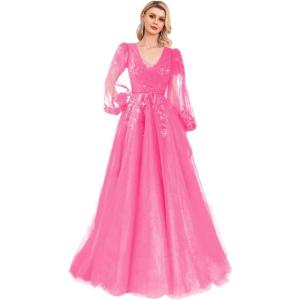 imageSequin Applique Long Sleeve Prom Dress Sparkly Tulle Ball Gown A Line V Neck Formal Evening GownsHot Pink