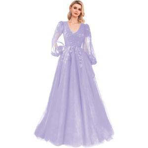 imageSequin Applique Long Sleeve Prom Dress Sparkly Tulle Ball Gown A Line V Neck Formal Evening GownsLavender