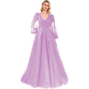 imageSequin Applique Long Sleeve Prom Dress Sparkly Tulle Ball Gown A Line V Neck Formal Evening GownsLilac