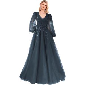 imageSequin Applique Long Sleeve Prom Dress Sparkly Tulle Ball Gown A Line V Neck Formal Evening GownsNavy Blue