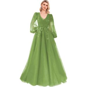 imageSequin Applique Long Sleeve Prom Dress Sparkly Tulle Ball Gown A Line V Neck Formal Evening GownsOlive