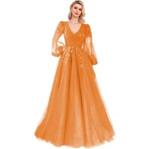 imageSequin Applique Long Sleeve Prom Dress Sparkly Tulle Ball Gown A Line V Neck Formal Evening GownsOrange